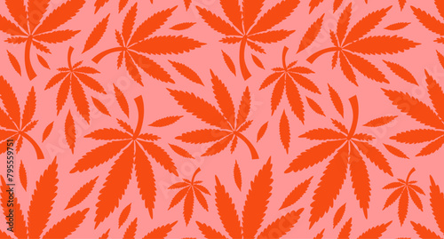 Cannabis leaf pattern in shades of green on a red background. Design for herbal medicine, CBD products packaging, and botanical wellness concept.