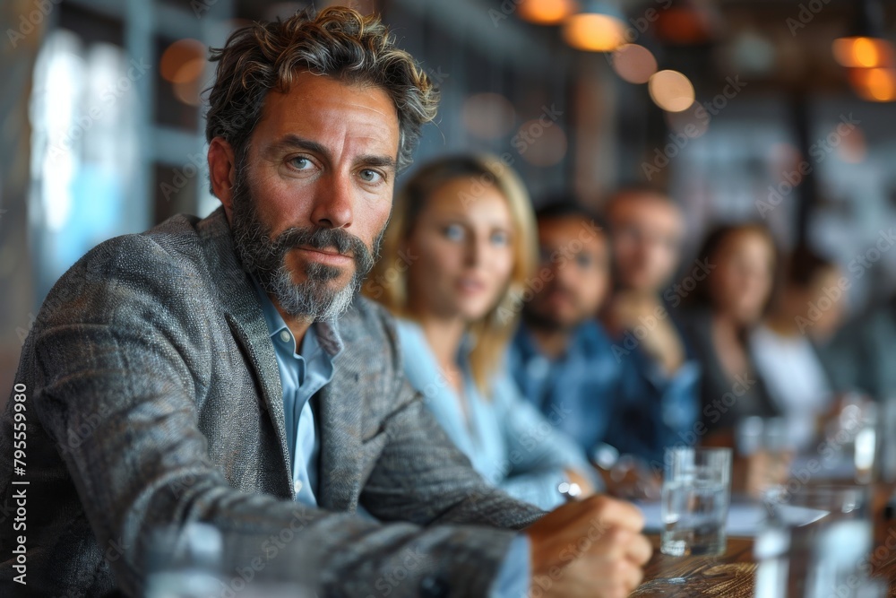 A mature, well-groomed man in a stylish suit sits confidently at a table with colleagues in the blurred background