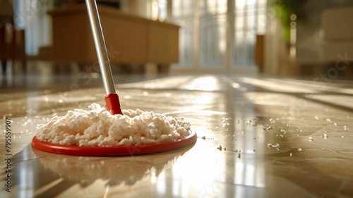 A mop-wielding cleaner conquers hard floors, banishing dirt and leaving behind a gleaming, well-polished surface