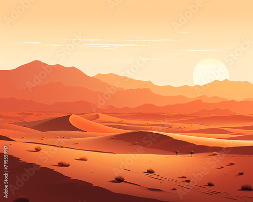 Desert Dusk Illustration An evocative depiction of a desert scene at sunset  with long shadows and warm hues  perfect for travel brochures or cultural festival posters