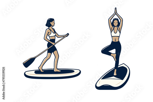 Two women engaging in paddleboarding and SUP yoga illustration, isolated on white background. Ideal for fitness and wellness retreat advertisements, water sports equipment branding, and healthy lifest photo