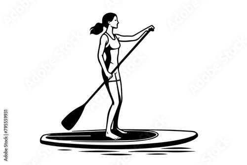 Woman paddle boarding simple line icon on white background. Perfect for summer activities theme, stand-up paddleboarding lessons advertising, and water sports lifestyle design.