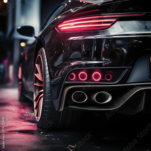 Neon-lit exhaust system modification in a high-performance car against a black backdrop