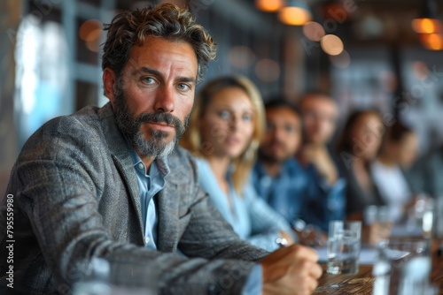 A mature, well-groomed man in a stylish suit sits confidently at a table with colleagues in the blurred background