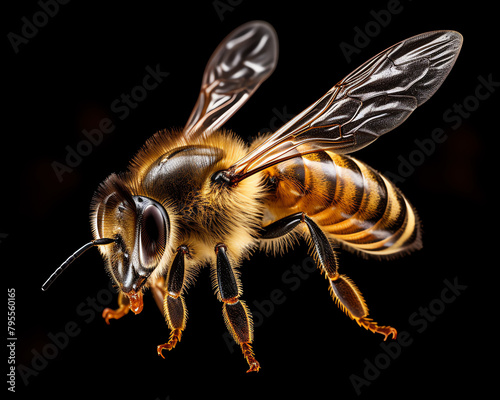 Detailed image of a honeybee in midflight, wings caught in stunning clarity, suitable for beekeeping guides or pollination awareness campaigns © Porawit