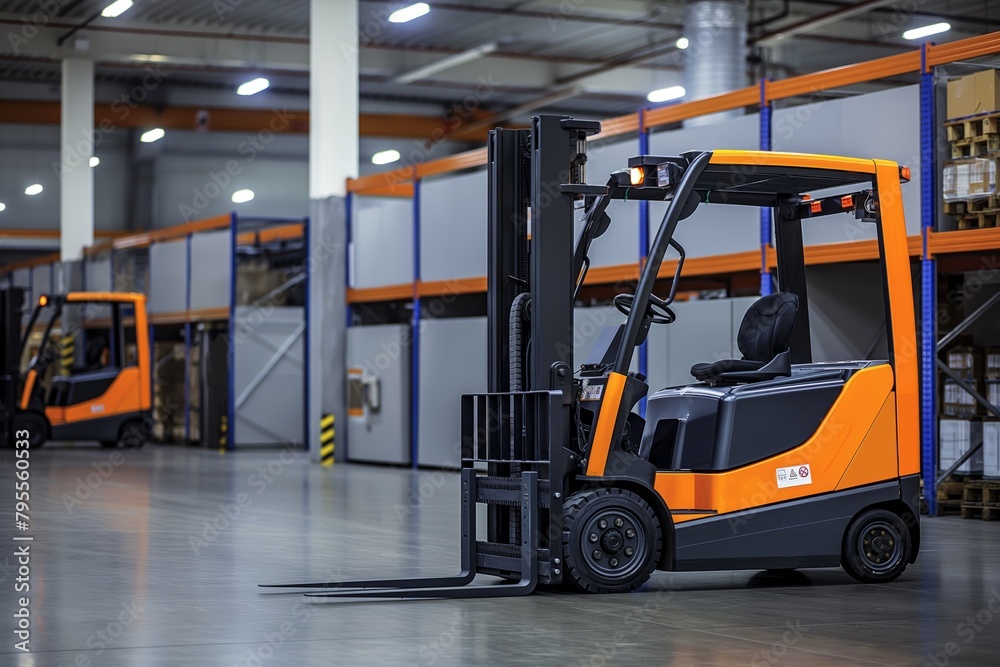 Orange forklift parked in modern warehouse Orange forklift parked in modern warehouse