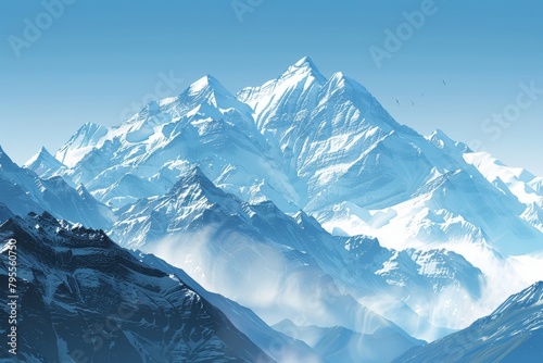 A serene mountain landscape, with snow-capped peaks towering against a clear blue sky