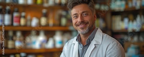 Smiling male pharmacist in front of shelves