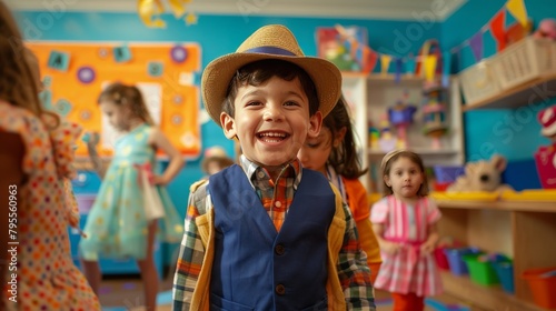 Cheerful children playing dress-up in a vibrant nursery classroom