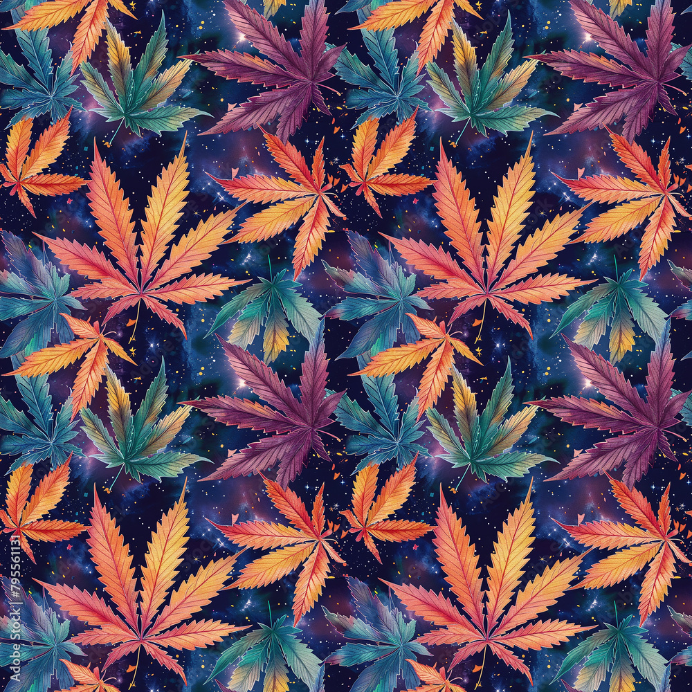 Fototapeta premium seamless pattern watercolor multicolored marijuana cannabis leaves on a galaxy background