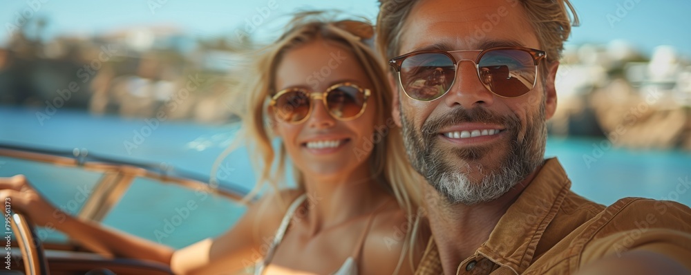 Fototapeta premium Couple on a boat with ocean backdrop