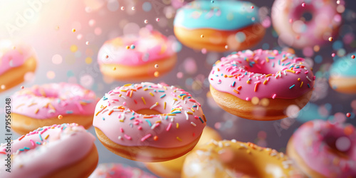 Fliegende bunte leckere Donuts mit Glasur und Streussel als Webdesign und Druckvorlage, ai generativ photo