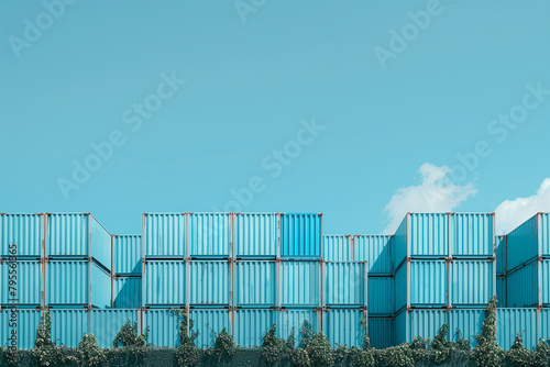 picturesque scene capturing a stack of blue container boxes against the backdrop of a serene sky, symbolizing the global connectivity and efficiency of cargo freight shipping,