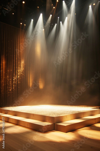 A clean and modern stage environment  with soft overhead lighting casting a gentle glow on the raised platform  inviting performers to take the spotlight.