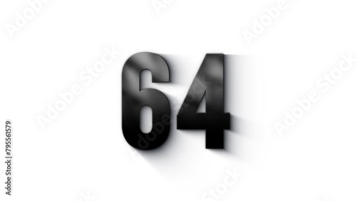 Black number 64 burns with fire, number with particles and ash, numerology, number sixty four, alpha channel photo