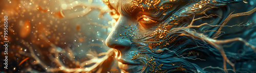A woman's face with a lot of hair and a lot of gold and blue photo