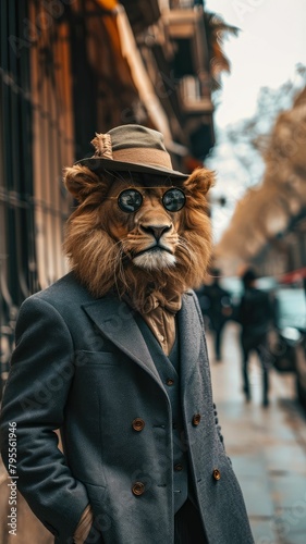 Regal lion roams urban streets in refined attire, epitomizing street style. The realistic city backdrop frames this majestic feline, seamlessly blending wild majesty with contemporary fashion in a cap