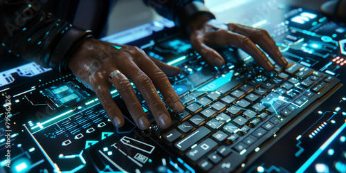 Illustration of man hands typing on dark keyboard on dark blue screen with different bright symbols in sci-fi style