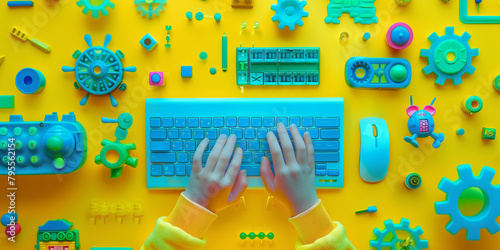 Illustration of view on child hands typing on blue keyboard on yellow table with different toys colors in sci-fi style