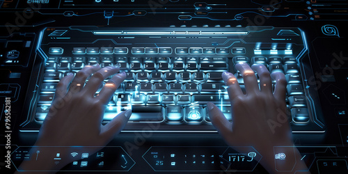 Illustration of view on woman hands working with black digital keypad on black control panel with in sci-fi style
