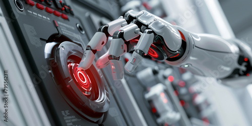 Robot hand pressing on the red button in grey control panel in sci-fi style
