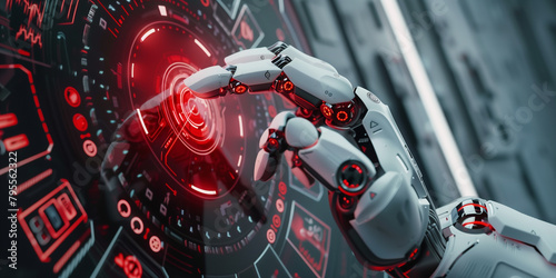 Robot hand pressing on the red button on glass control panel in sci-fi style