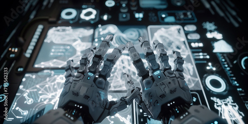 Two white color robot hands above of control screen with different colors bright symbols in sci-fi style