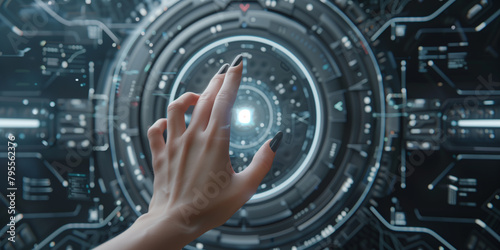 Woman hand pressing on white button on the bright control panel in sci-fi style