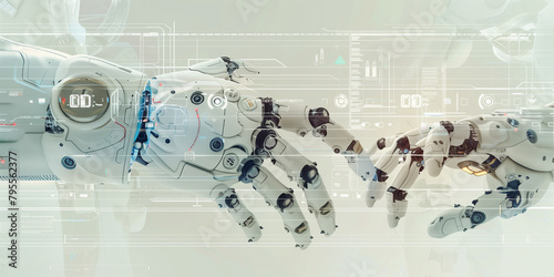 View on two white robot hands on white transparent screen in sci-fi style