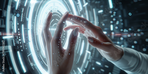 Woman hands above white control panel in sci-fi style