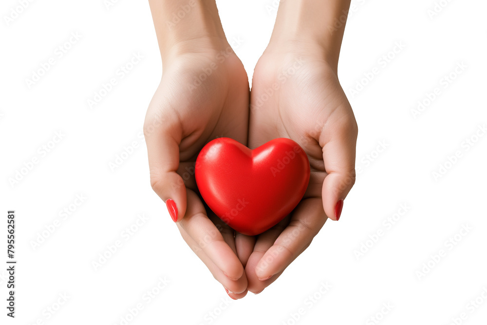 A woman's hand holding a red heart on a transparent background. Healthcare and medicine concept A woman's hand holding a red heart on a transparent background. Healthcare and medicine concept