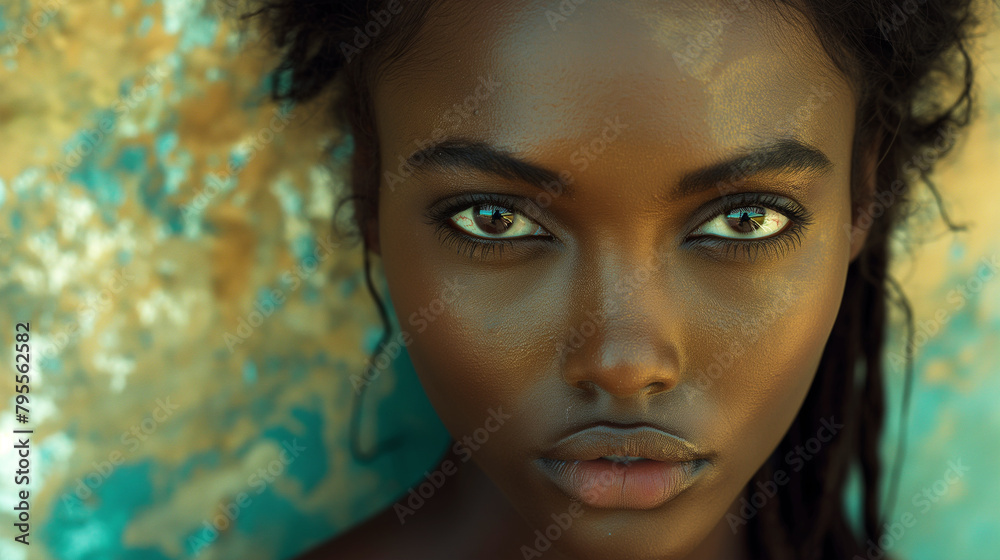 A detailed view of a young womans face, showcasing her striking brown eyes.