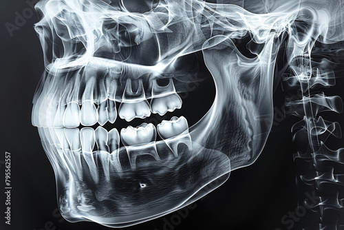 Closeup, dental xray and jaw with teeth, healthcare and surgery for dentistry medicine. Radiology, skeleton and medical procedure with health, anatomy and strategy for treatment with orthodontics photo