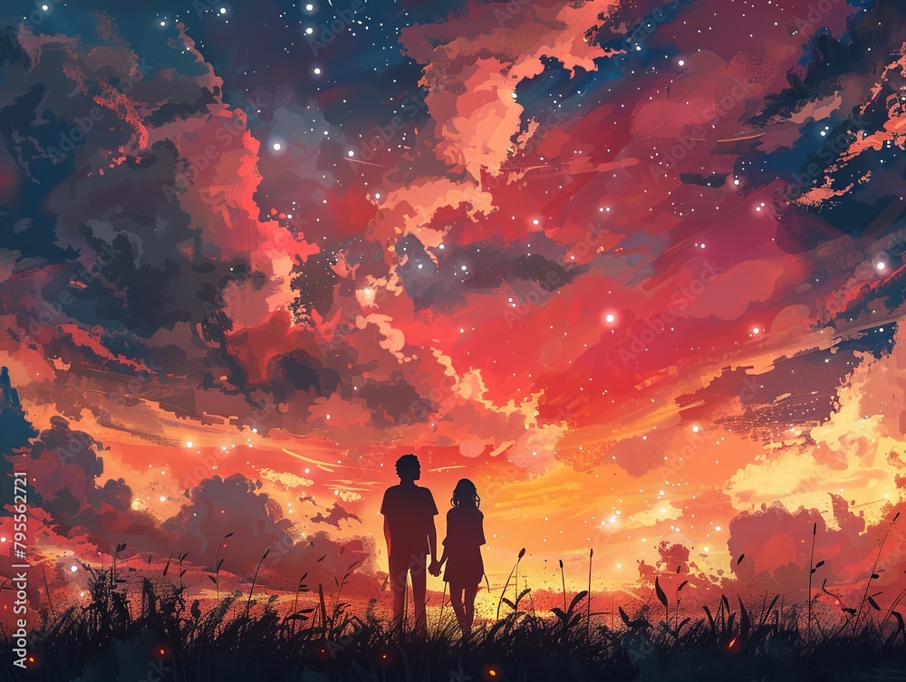 Digital artwork featuring a silhouette of a couple amidst wild grass, under a dramatic, starry sunset sky painted in reds and blues.