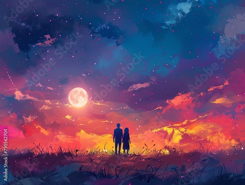 A romantic digital painting captures a couple gazing at a full moon against a backdrop of a vibrant, color-splashed sunset sky.