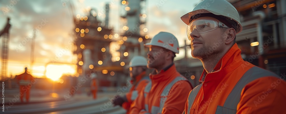 Workers observing industrial scene at sunset