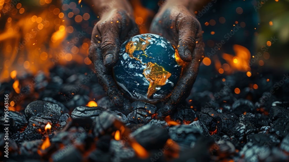 Poignant image of charred hands holding a scorched Earth, evoking the urgency of environmental protection, Concept of environmental activism, Earth Day awareness, and humanity's impact Poignant image of charred hands holding a scorched Earth, evoking the urgency of environmental protection, Concept of environmental activism, Earth Day awareness, and humanity's impact