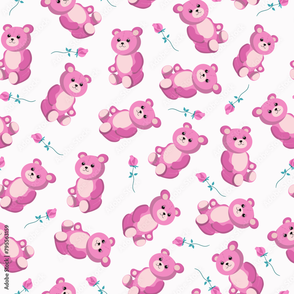 Cute toy pink bear and flower, rose. The pattern seamless. Teddy bear cartoon, soft toy Teddy. Vector background.