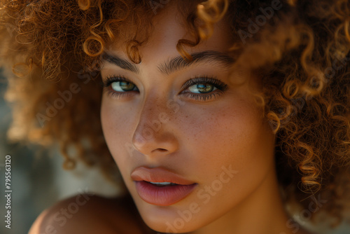 A detailed view of a woman with curly hair, showcasing the texture and volume of her hair.
