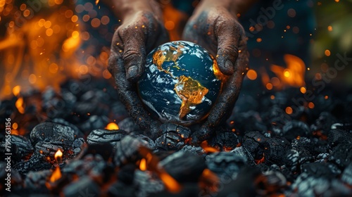 Poignant image of charred hands holding a scorched Earth, evoking the urgency of environmental protection, Concept of environmental activism, Earth Day awareness, and humanity's impact photo