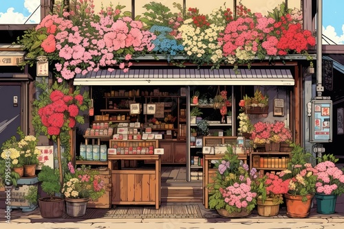 Ukiyo-e art print style flower shop plant city architecture.