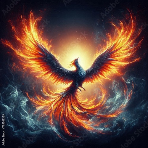  A digital painting of a phoenix rising from the ashes with a blue background © Mohammad
