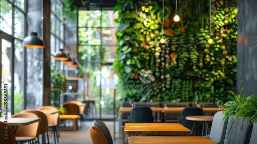 Beautiful restaurant interior view with huge wall windows, green plants wall and eco-friendly furniture. Modern people's first steps in startup business concept image.