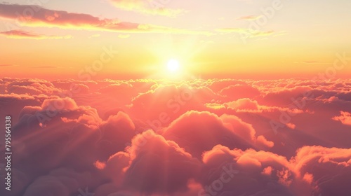 Beautiful sunset above the clouds. Aerial view. Nature background of sky. Cloudy landscape from the window of an airplane. Sunrise. Sun goes into the clouds. Illustration for varied design.