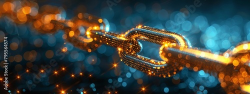 A conceptual image of a chain made of digital gold blocks representing blockchain technology securing digital assets.