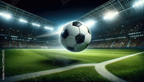 The ball flies on the soccer floor, evening at the stadium, FIFA World Cup, UEFA European Football Championship, UEFA Euro 2024, 2024 Summer Olympics © ElviraKorv