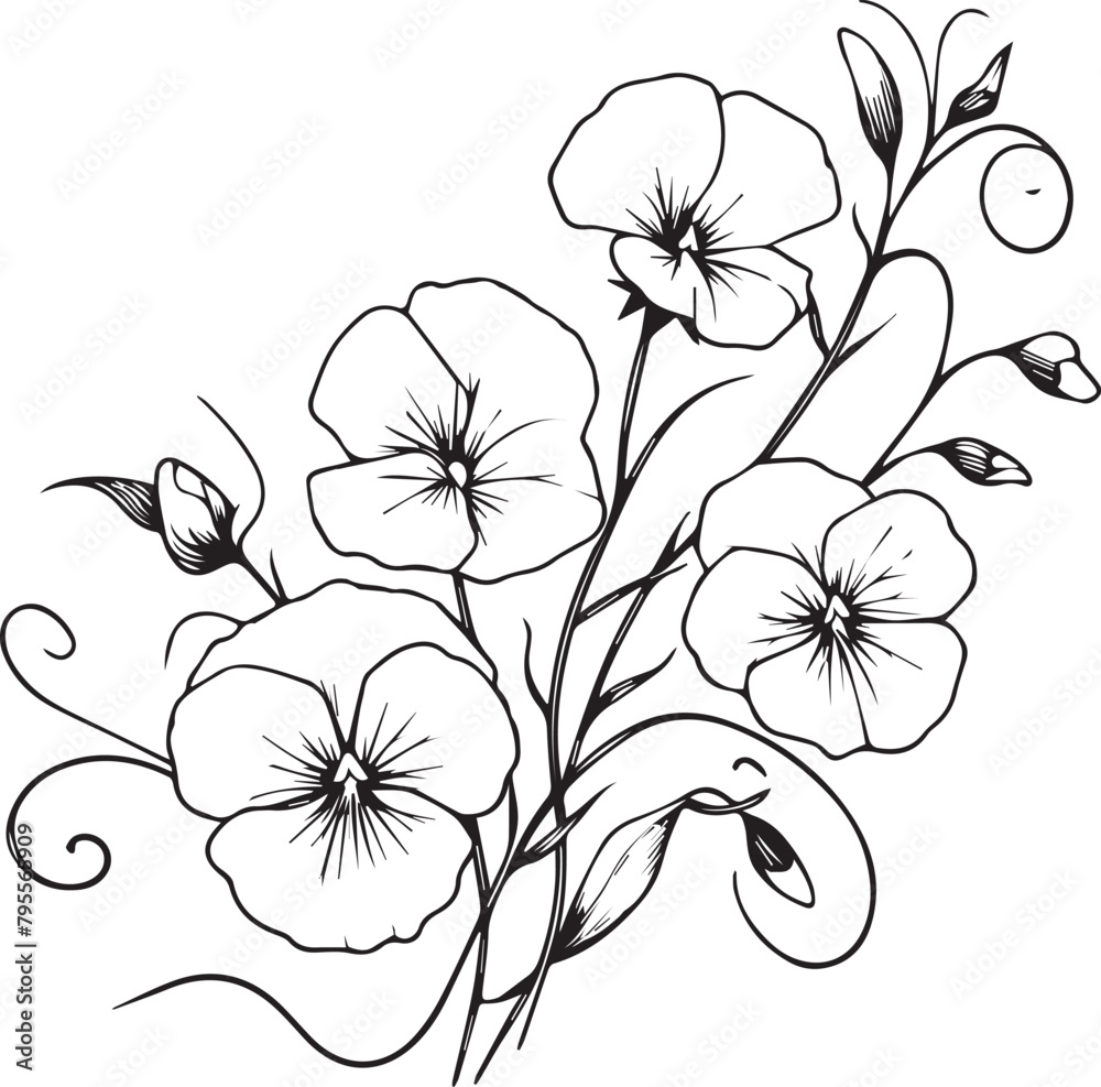 Sweet peas flower and leaf hand drawn botanical illustration with line