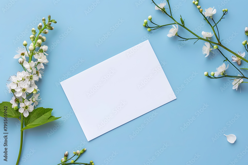 Stylish elegant flat lay blue floristic greeting invitation post card.
