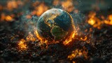 A hyper-realistic depiction of the Earth on fire, visualizing climate change and environmental crisis through a dramatic and impactful 3D render