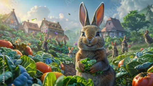 A cartoon rabbit is holding a bunch of broccoli in a field of vegetables